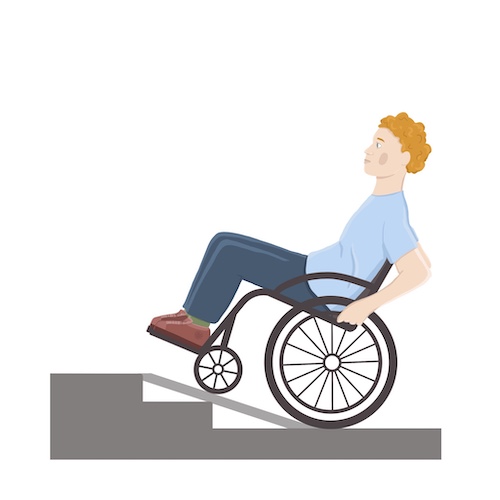 Drawing of a boy in a wheelchair ascending successive levels of stairs.